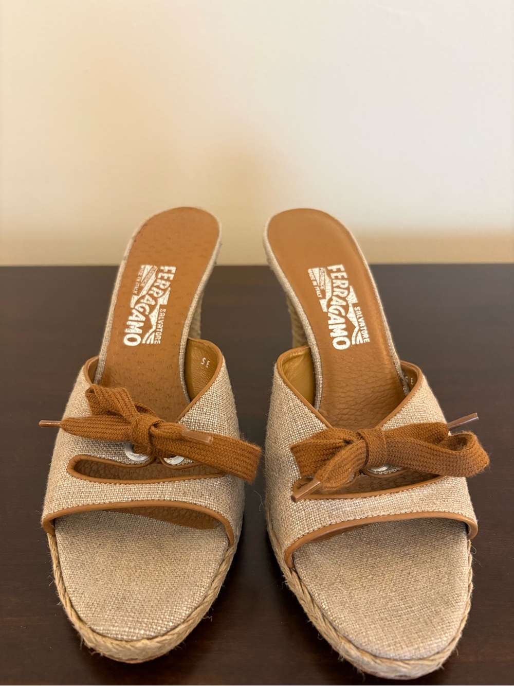 Salvatore Ferragamo Tan Linen Mules, Lace Fabric Bow, Jute-Wrapped Chunky Heel